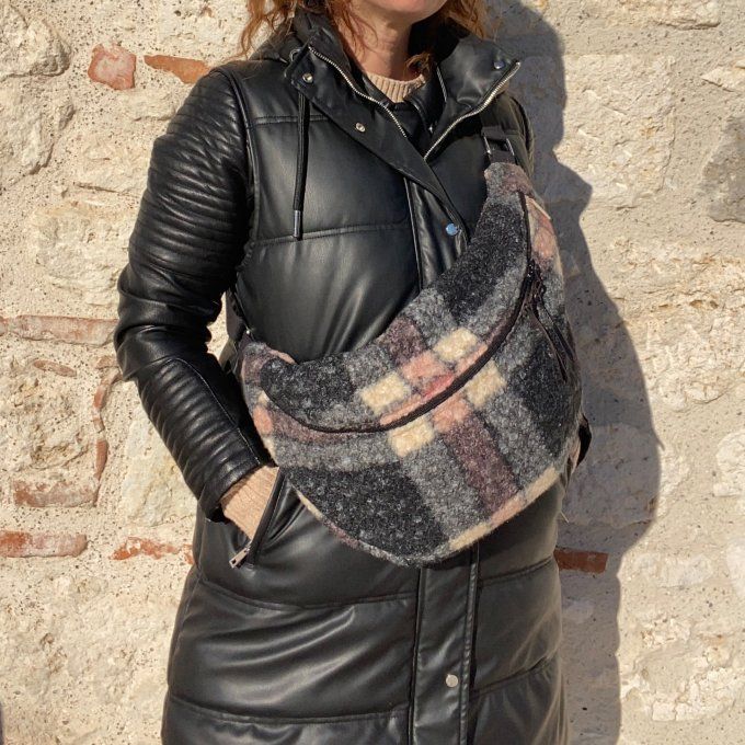Sac Banane Tartan gris-rose bronze taille XL